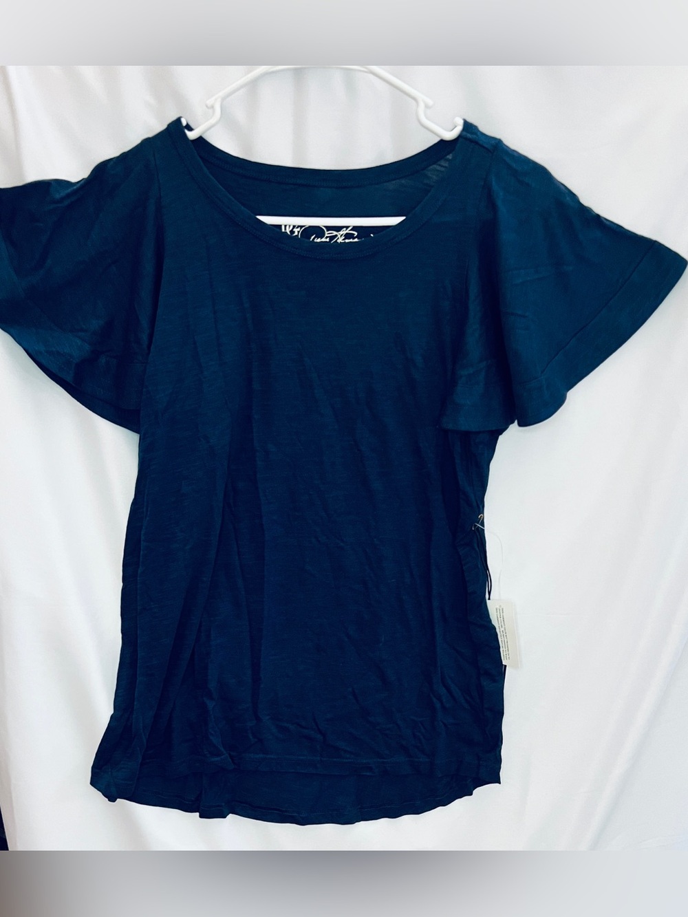 Navy Blue Flutter Sleeve Top Round Neck Blouse Tee New with Tags